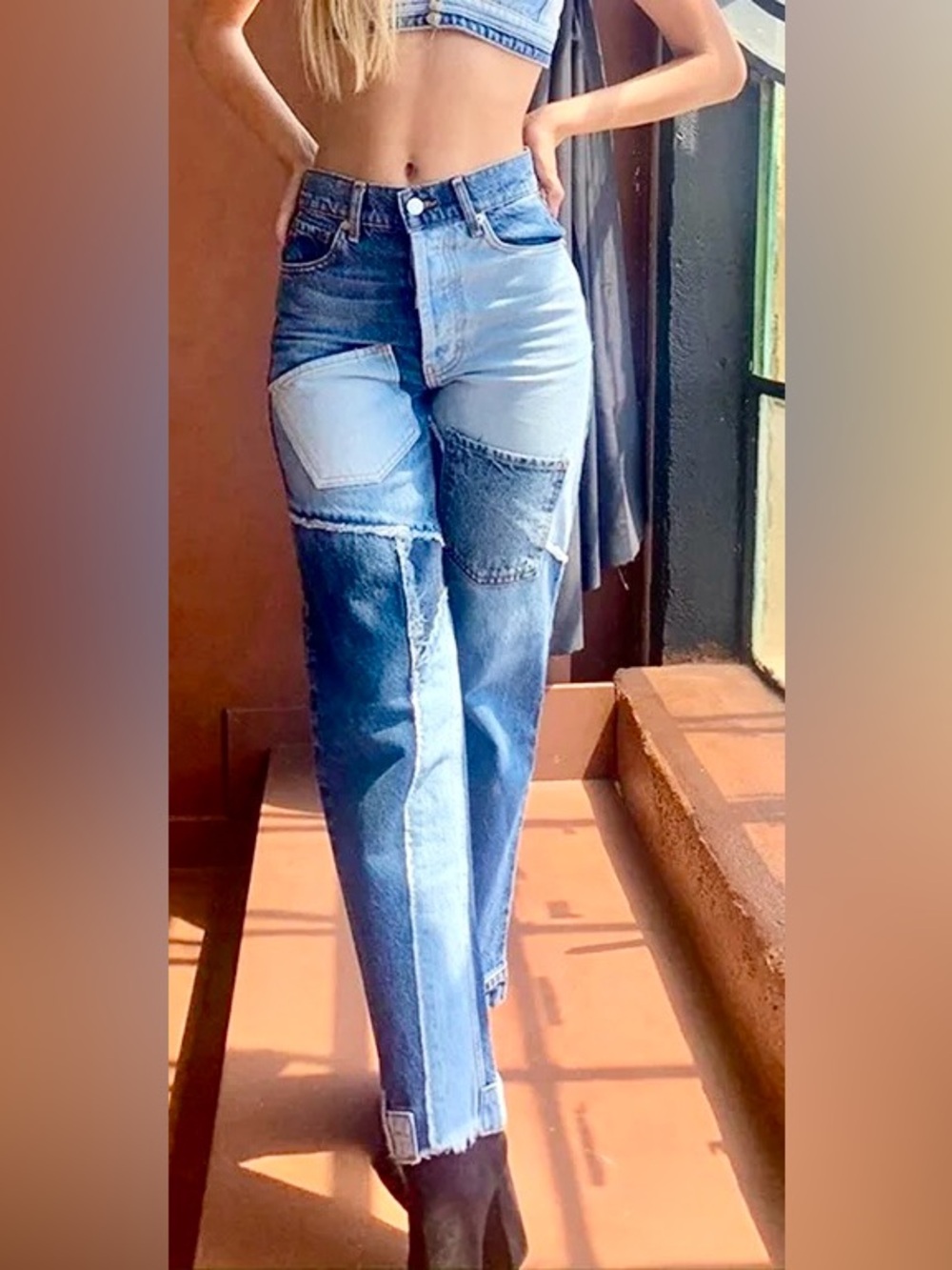 REVICE Patchwork Two-Tone Blue Straight Leg Jeans